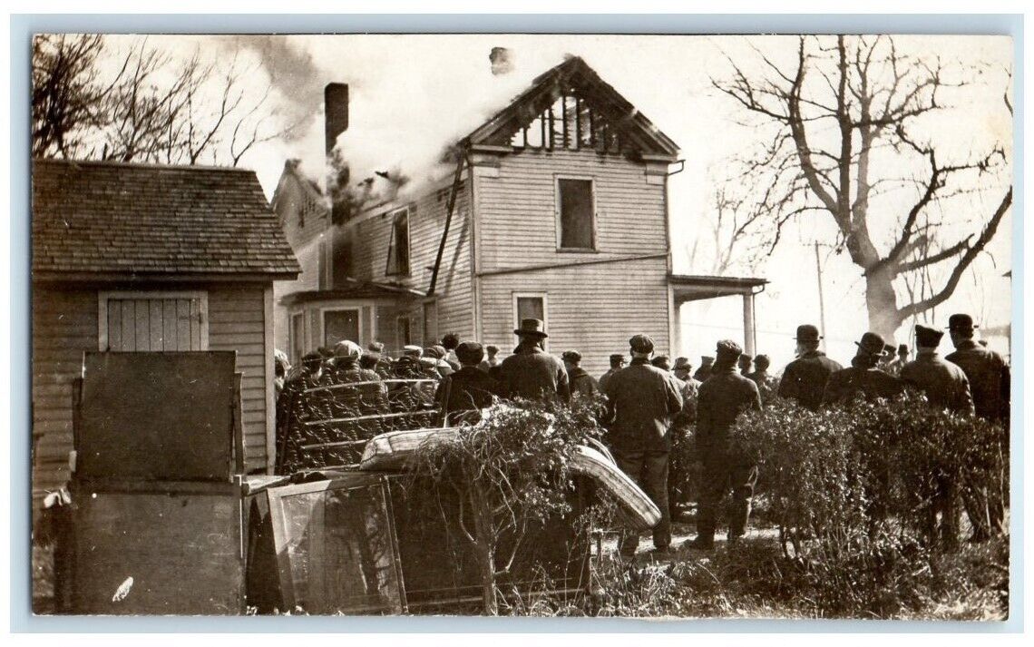 1914 Home Residence Fire Disaster Crowd View Amboy IL RPPC Photo Postcard