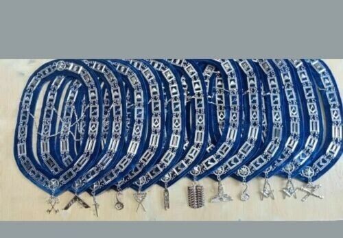 MASONIC REGALIA BLUE OFFICER SILVER METAL CHAIN COLLARS WITH JEWELS 12 PCS