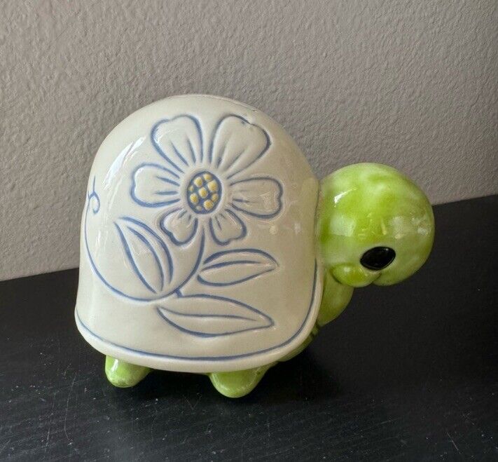 Vintage Retro Turtle Tortoise Handmade Piggy Bank Flower Ceramic Art