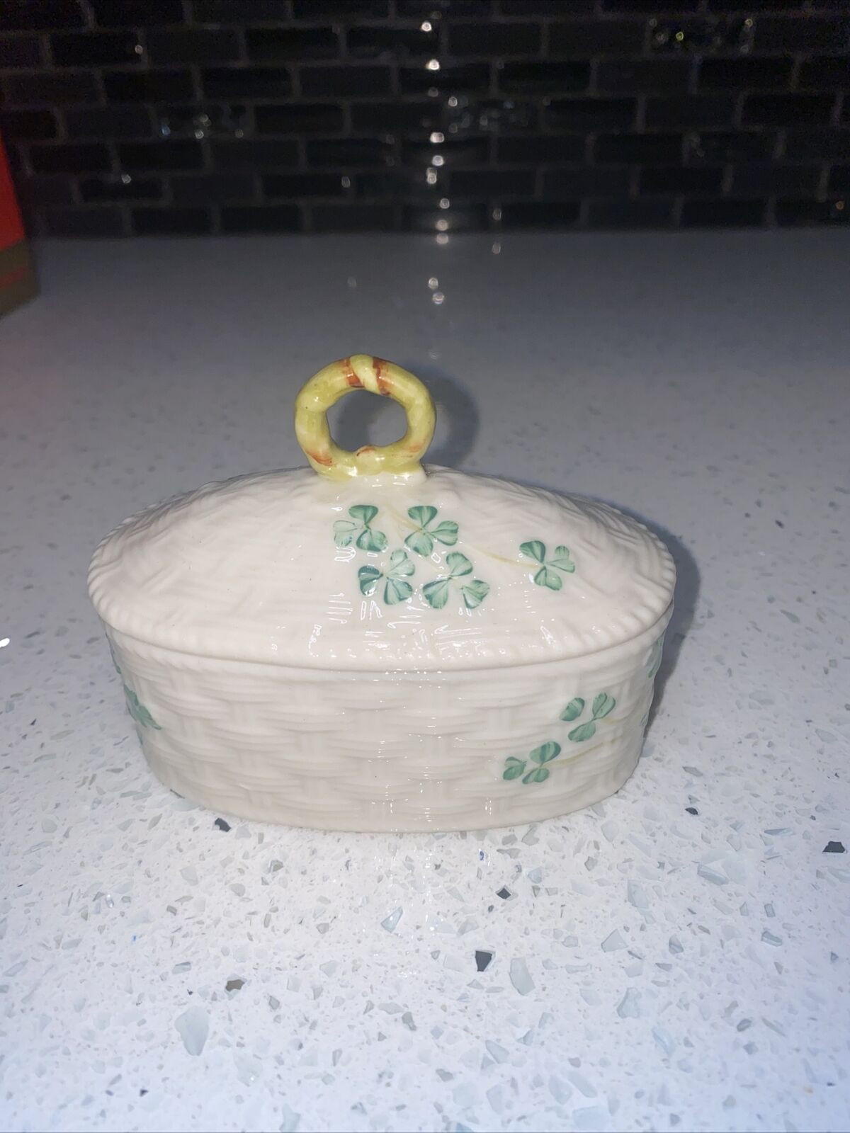 VTG Belleek Pottery Ireland Trinket Box w/Lid Basket Weave with Green Shamrocks