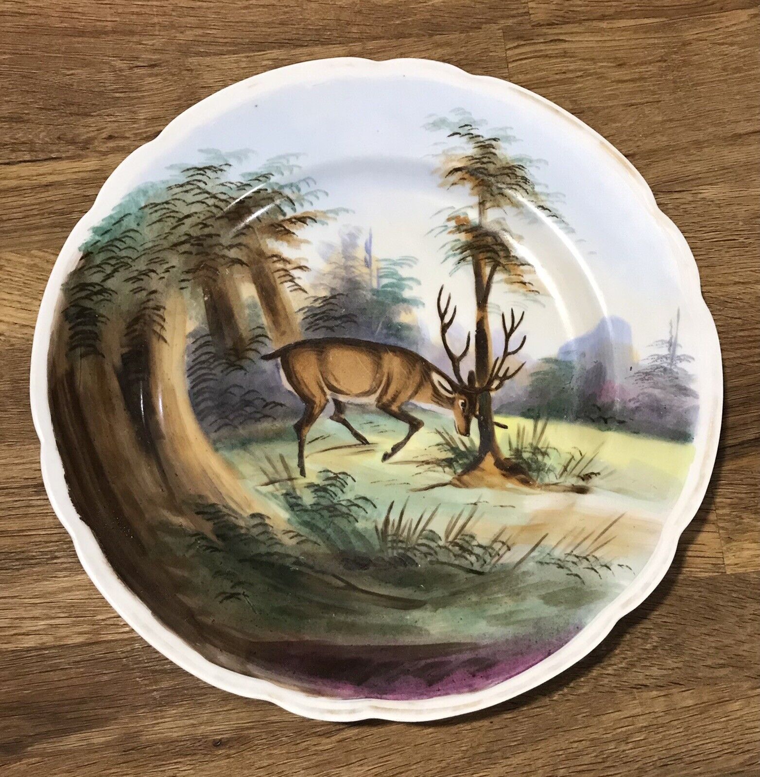 Antique Fischer Mieg F&M Deer  Buck Porcelain 19th Century Plate Nature Scene