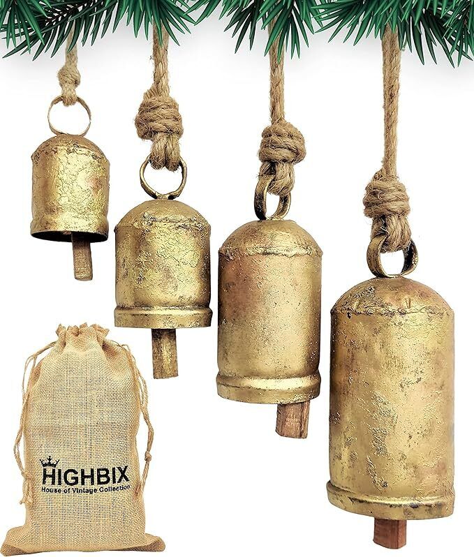 HIGHBIX Set of 4 Harmony Cow Bells Vintage Handmade Rustic Bells on Rope
