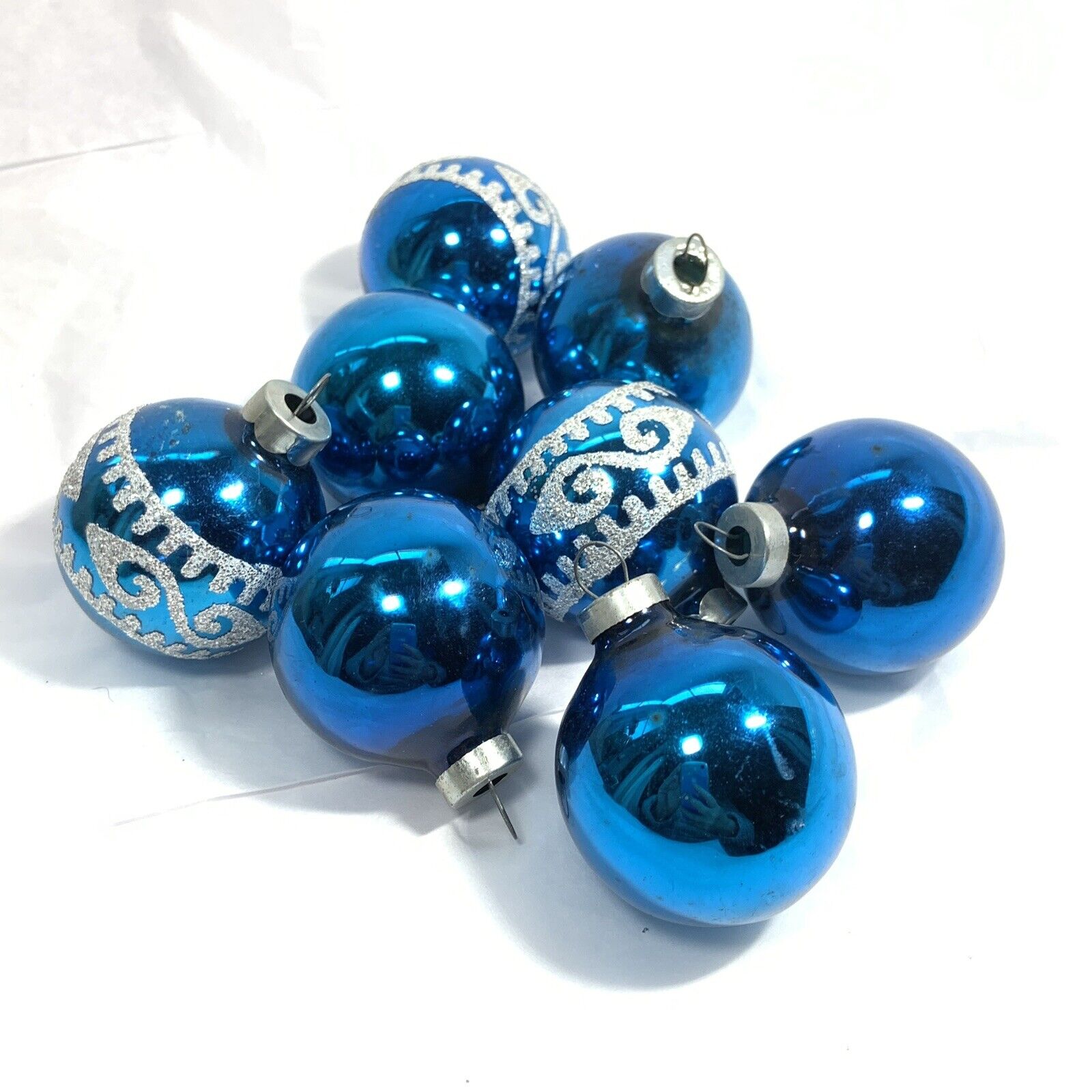 VINTAGE LOT 8 Pc BLUE Glass CHRISTMAS ORNAMENTS Balls Stencil USA