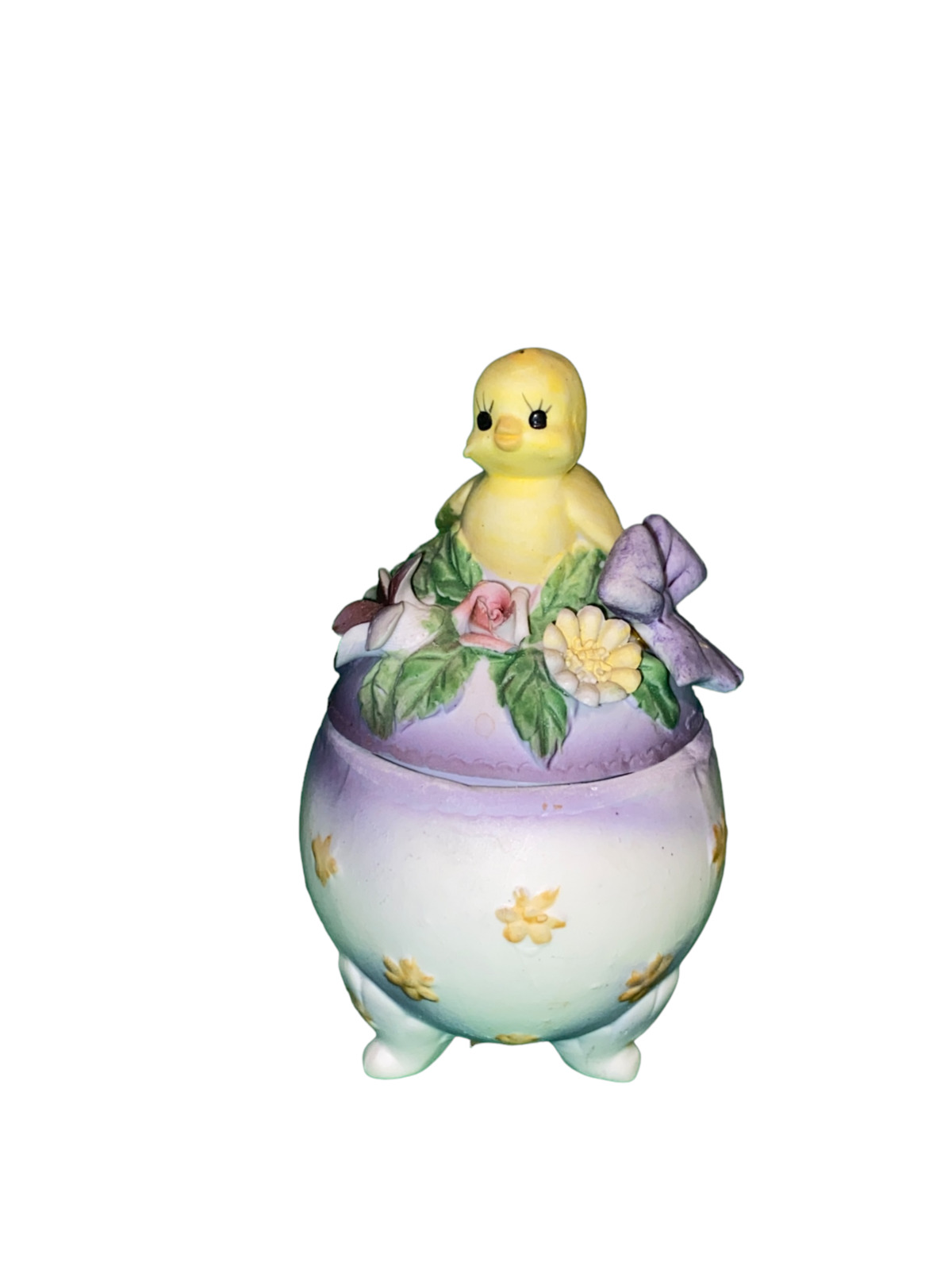 Vintage LEFTON Baby Chick Duckling Porcelain Bisque Trinket Box Floral