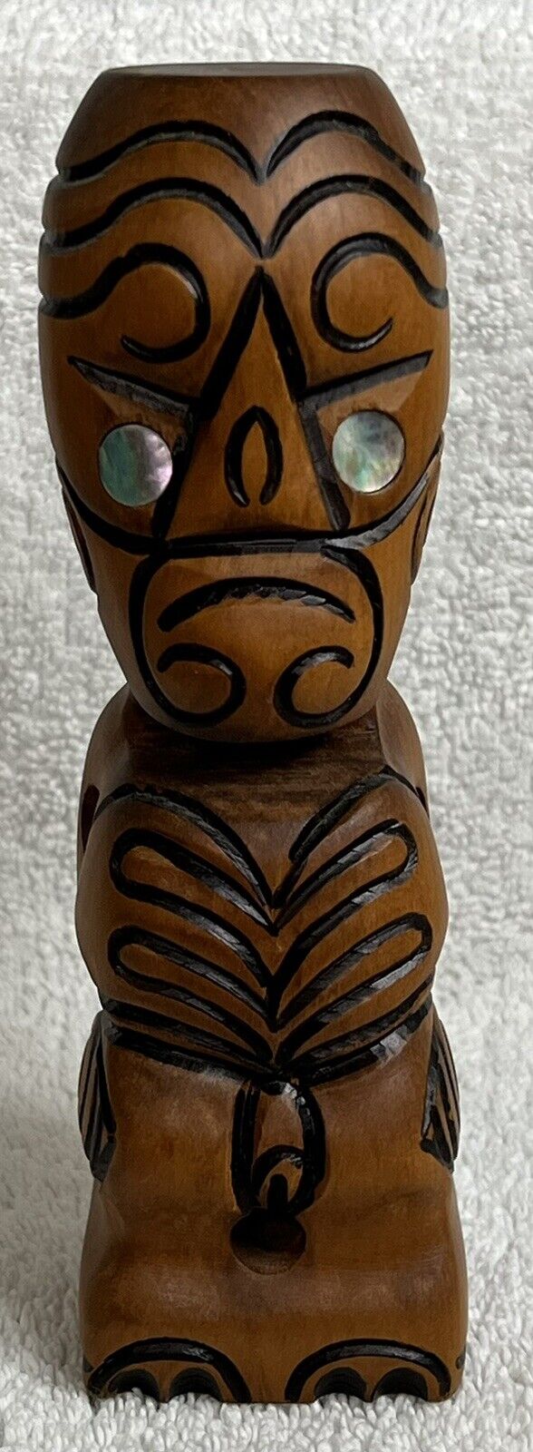 Vintage Hand Carved Maori Tekoteko Wood Totem Paua Shell New Zealand Warrior