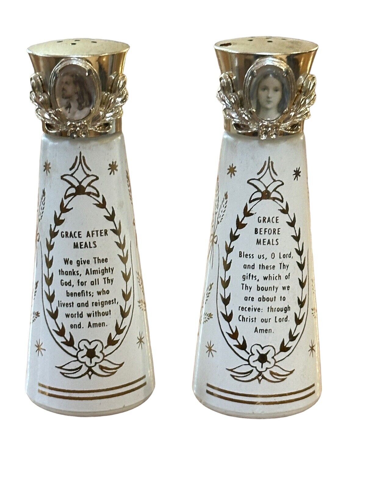 VTG Religious White Glass Salt & Pepper Shakers Set w/Jesus & Mary  & Prayers