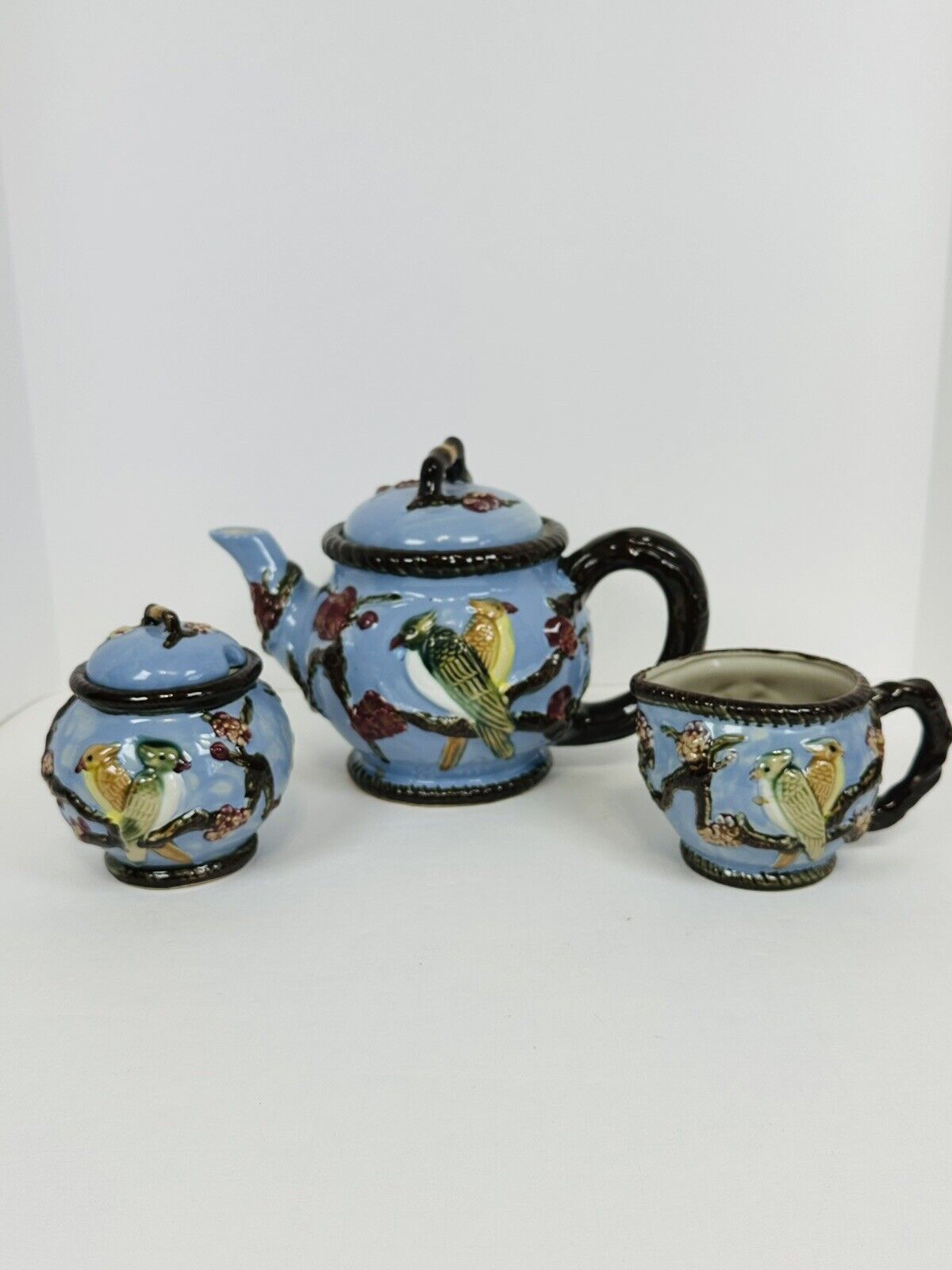 Vintage Sky Blue Cockatiel Tea Pot Creamer & Sugar For Decoration Only