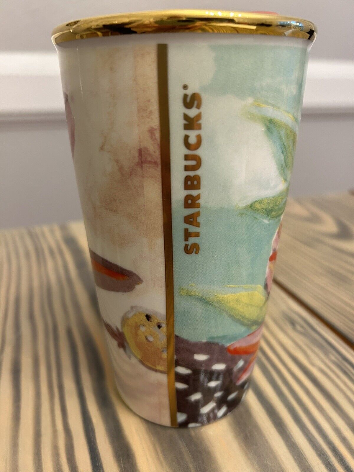 Starbucks 2014 Watercolor Floral 10 oz Ceramic Traveler Tumbler Mug Red Lid