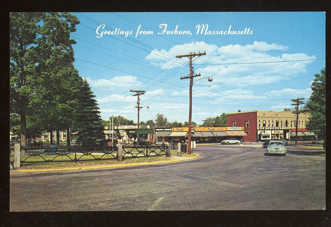 MA, Foxboro. VIEW OF BUSINESS DISTRICT. Chrome Postcard