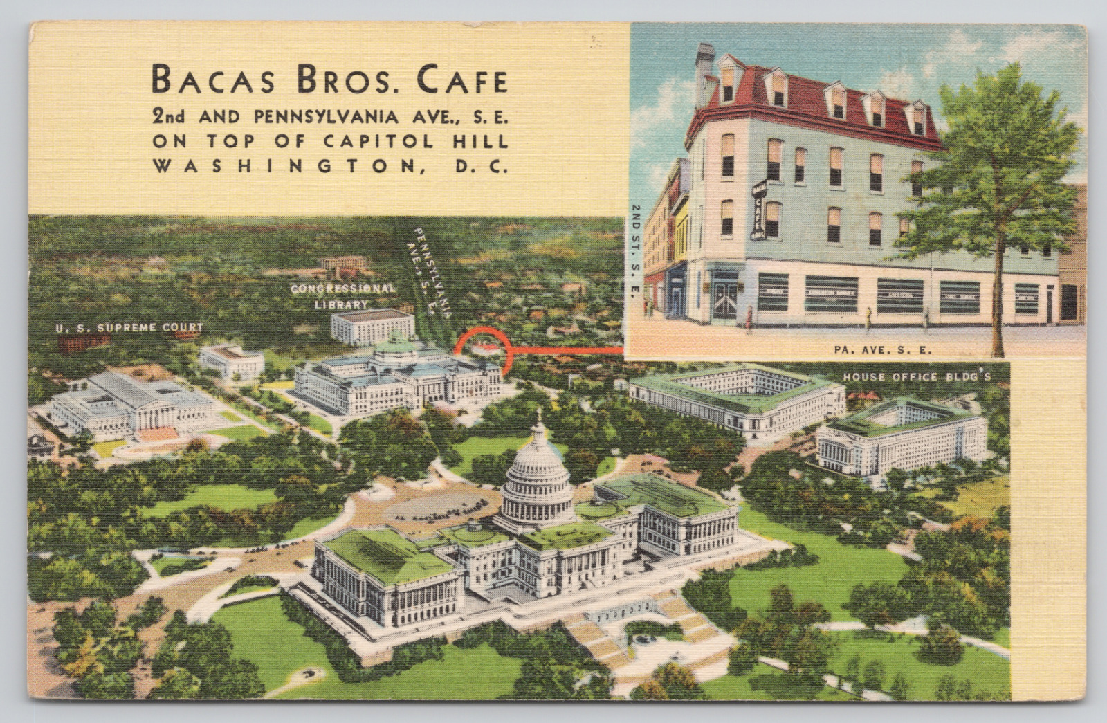 Washington DC Baca\'s Brothers Cafe  Linen Postcard