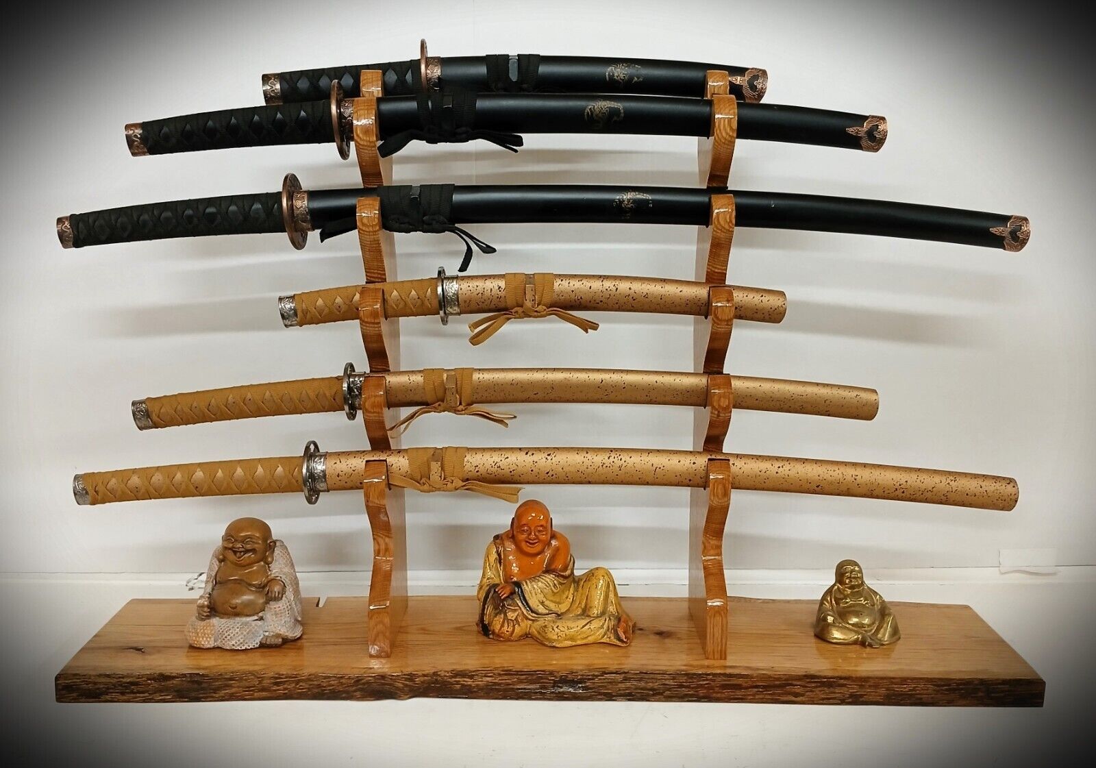 Rustic Oak 6 Tier Katana Wakizashi Tanto Sword Display Stand Japanese Samurai