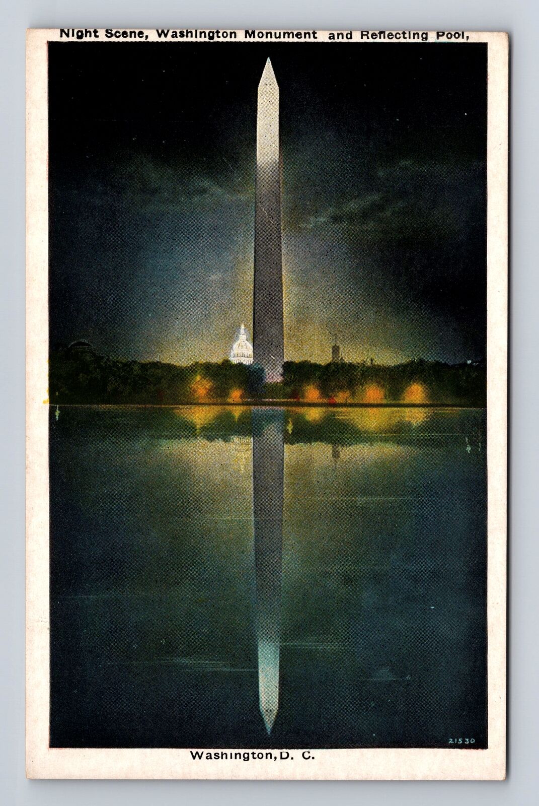 Washington DC- Night Scene, Washington Monument Reflecting Pool Vintage Postcard