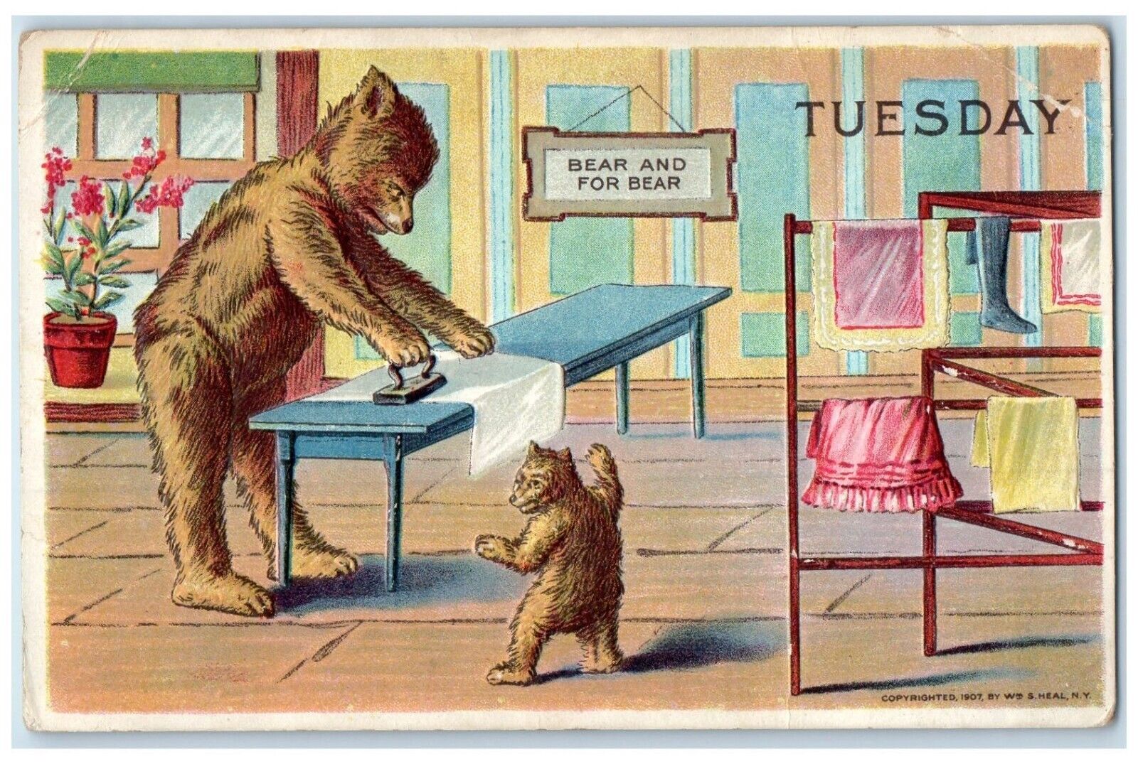 c1910\'s Anthropomorphic Bear Ironing Laundry Embossed Posted Antique Postcard