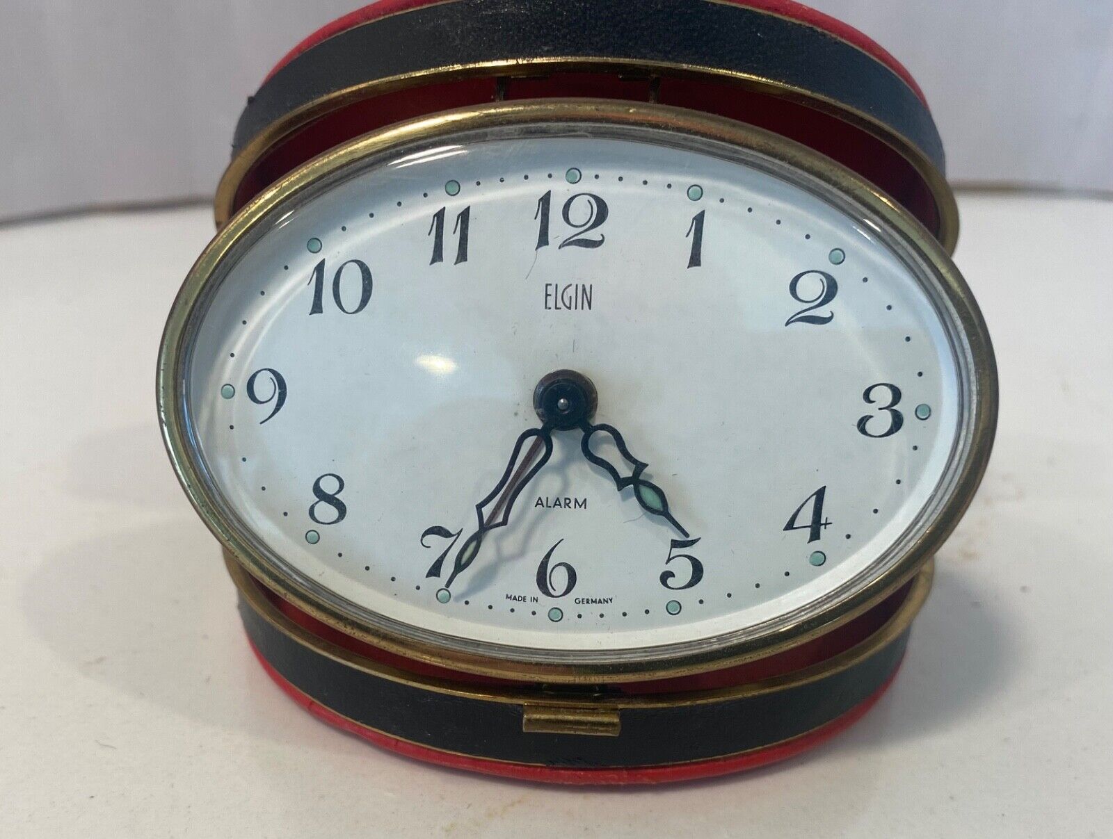 Vintage ELGIN Women\'s Travel Alarm Clock Rare Red Leather Case Germany