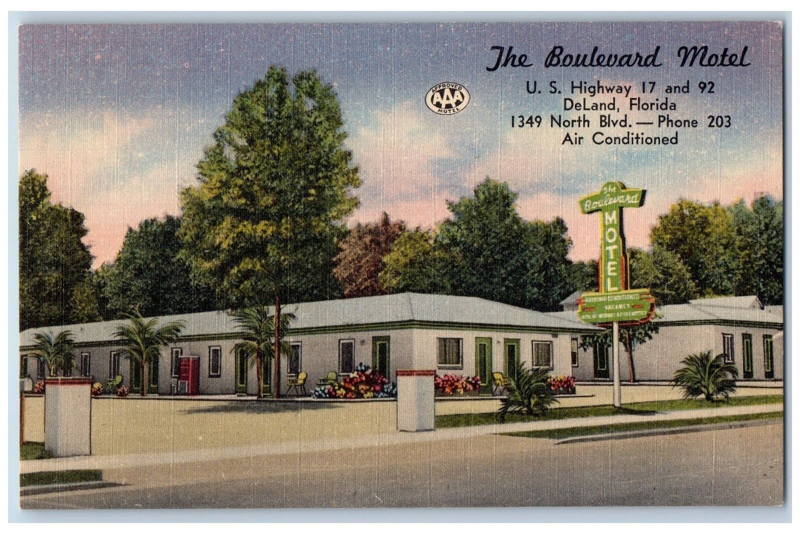 1953 The Boulevard Motel & Restaurant Cottage Signage Deland Florida FL Postcard