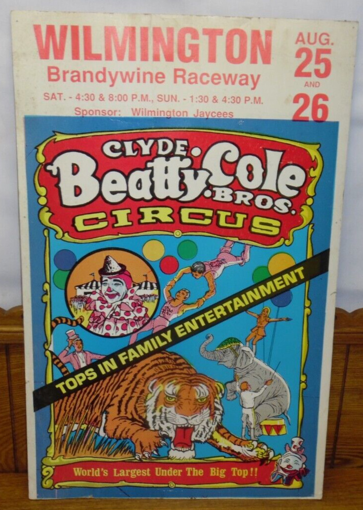 Vintage Clyde Beatty Cole Bros Circus Poster - Wilmington DE Brandywine Raceway