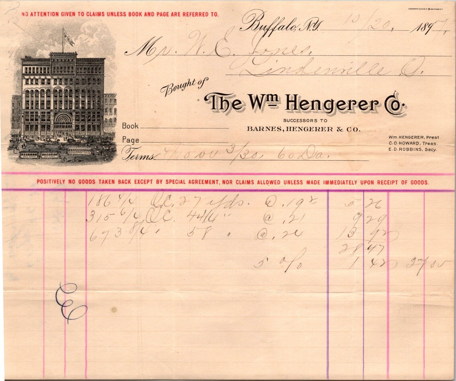 Wm Hengerer Co Buffalo NY  1897 Billhead