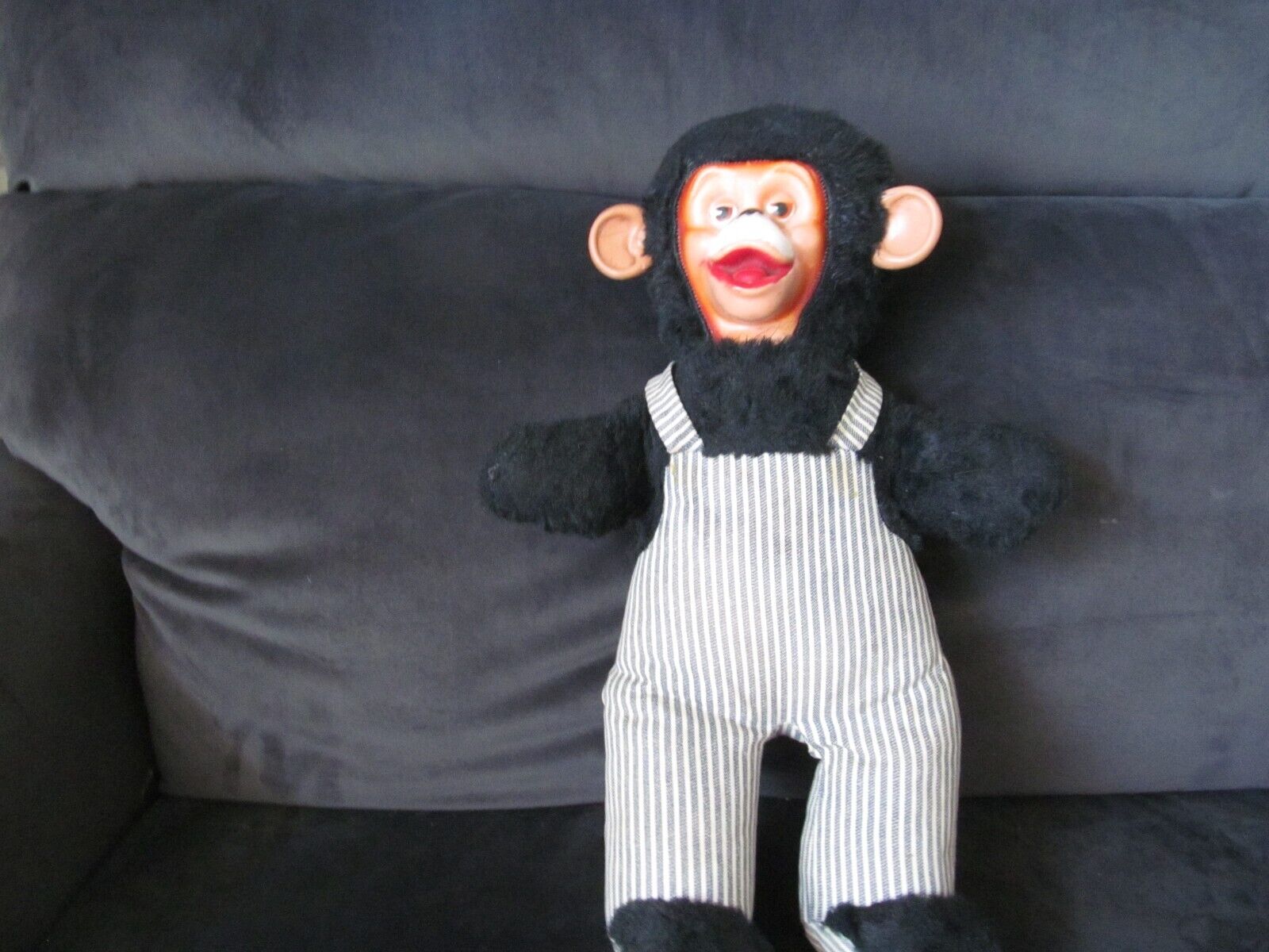 Vintage Rubber Face Monkey Chimp With Stripped Overalls