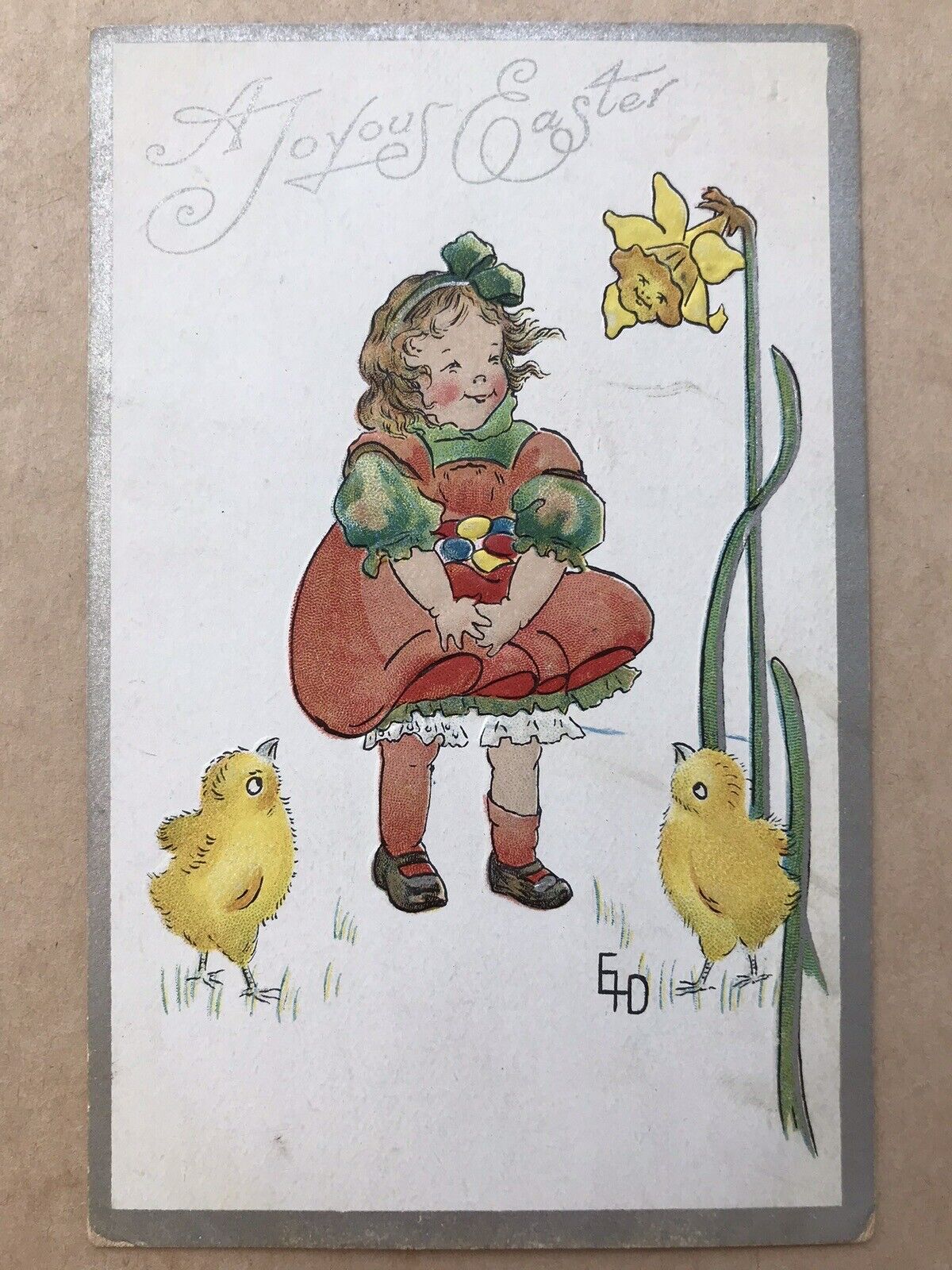 A Joyous Easter Little Girl In Red Dress Two Chicks Daffodil/ W Face Postcard 