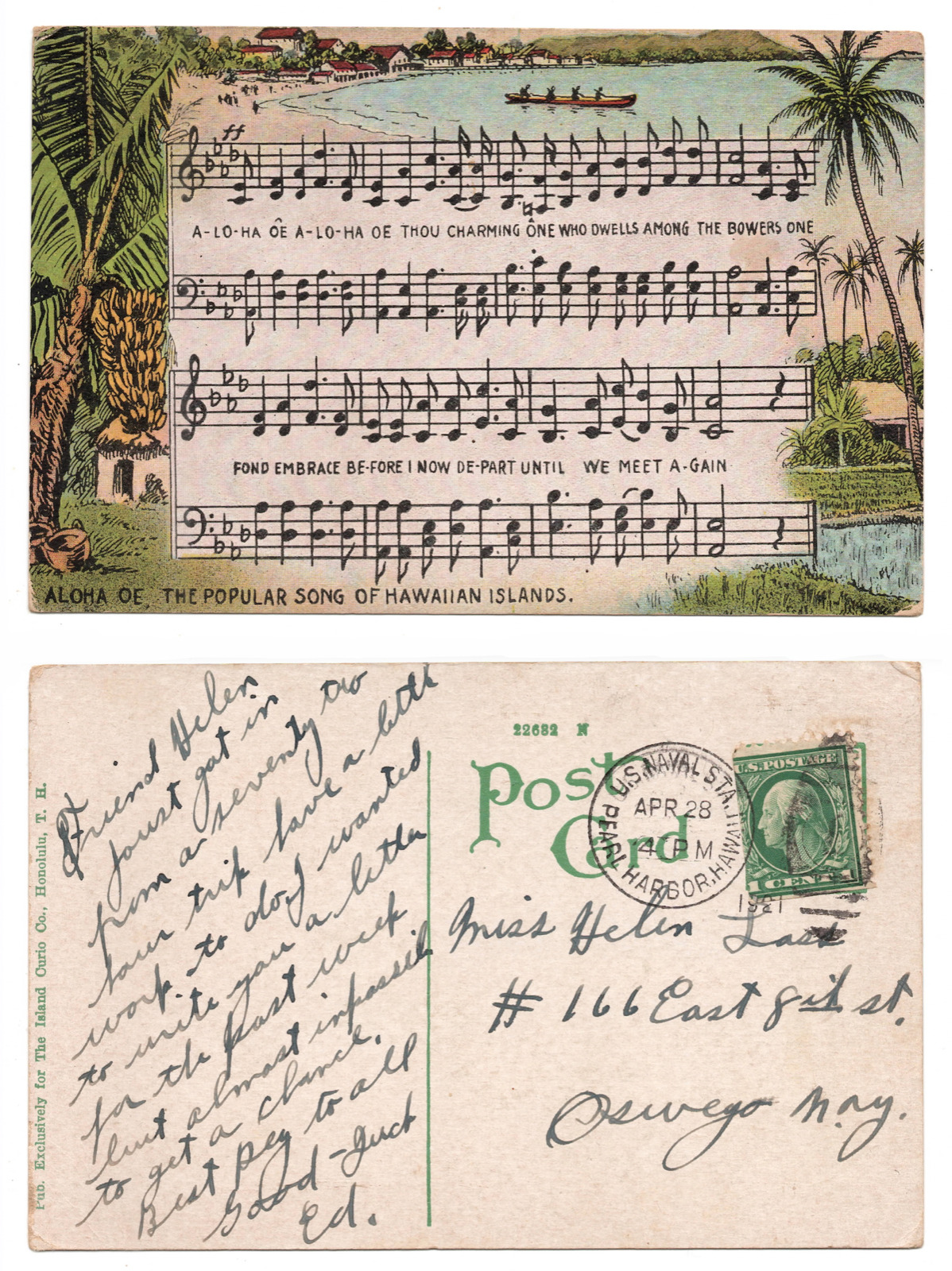 1921 PEARL HARBOR Postcard ~ Queen LILIUOKALANI song ALOHA OE ~ Honolulu, HAWAII