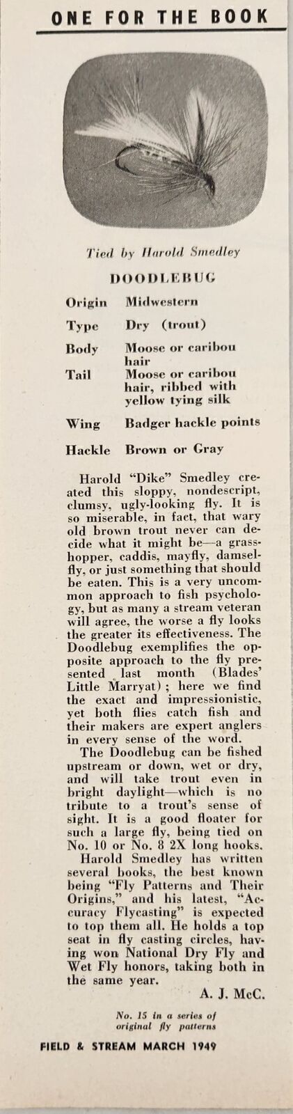1949 Magazine Picture Doodlebug Midwestern Dry Trout Fishing Fly No 15 in Series