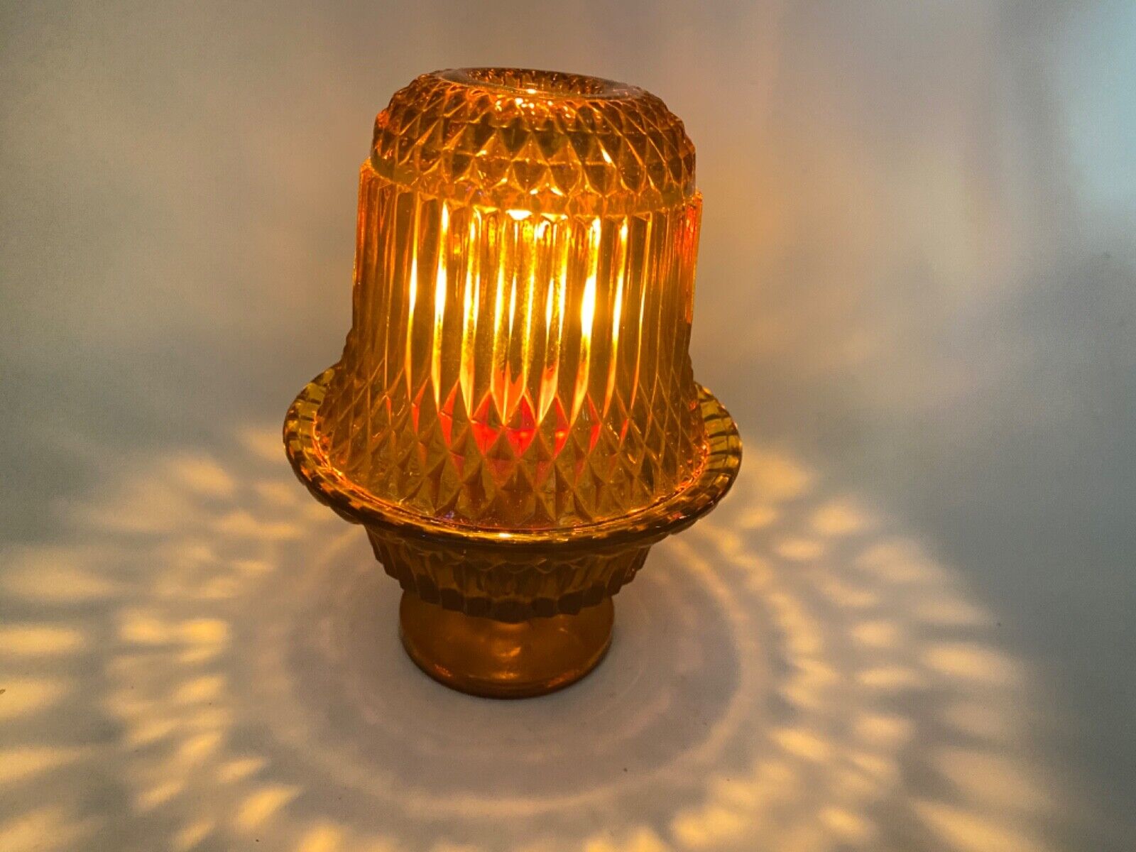 Vintage Amber Fairy Lamp Votive Tea Candle Lamp  Indiana Glass Diamond Point