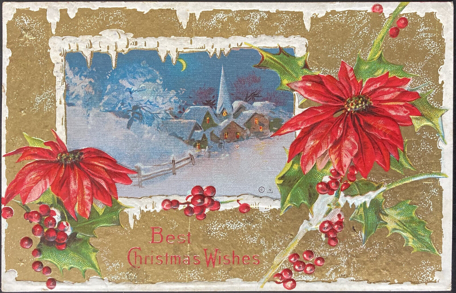 CHRISTMAS POSTCARD C.1911 (M73)~”BEST CHRISTMAS WISHES” VILLAGE SCENE