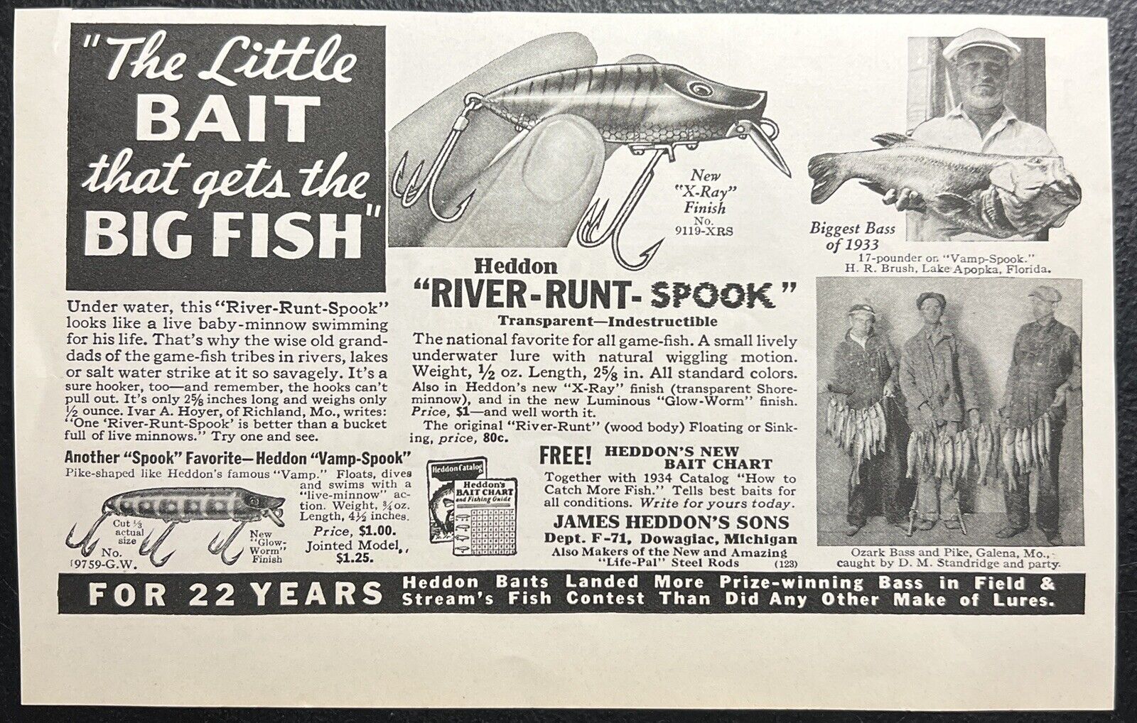 Heddon River Runt Spook Lure 1934 Advertising Print Advertisement