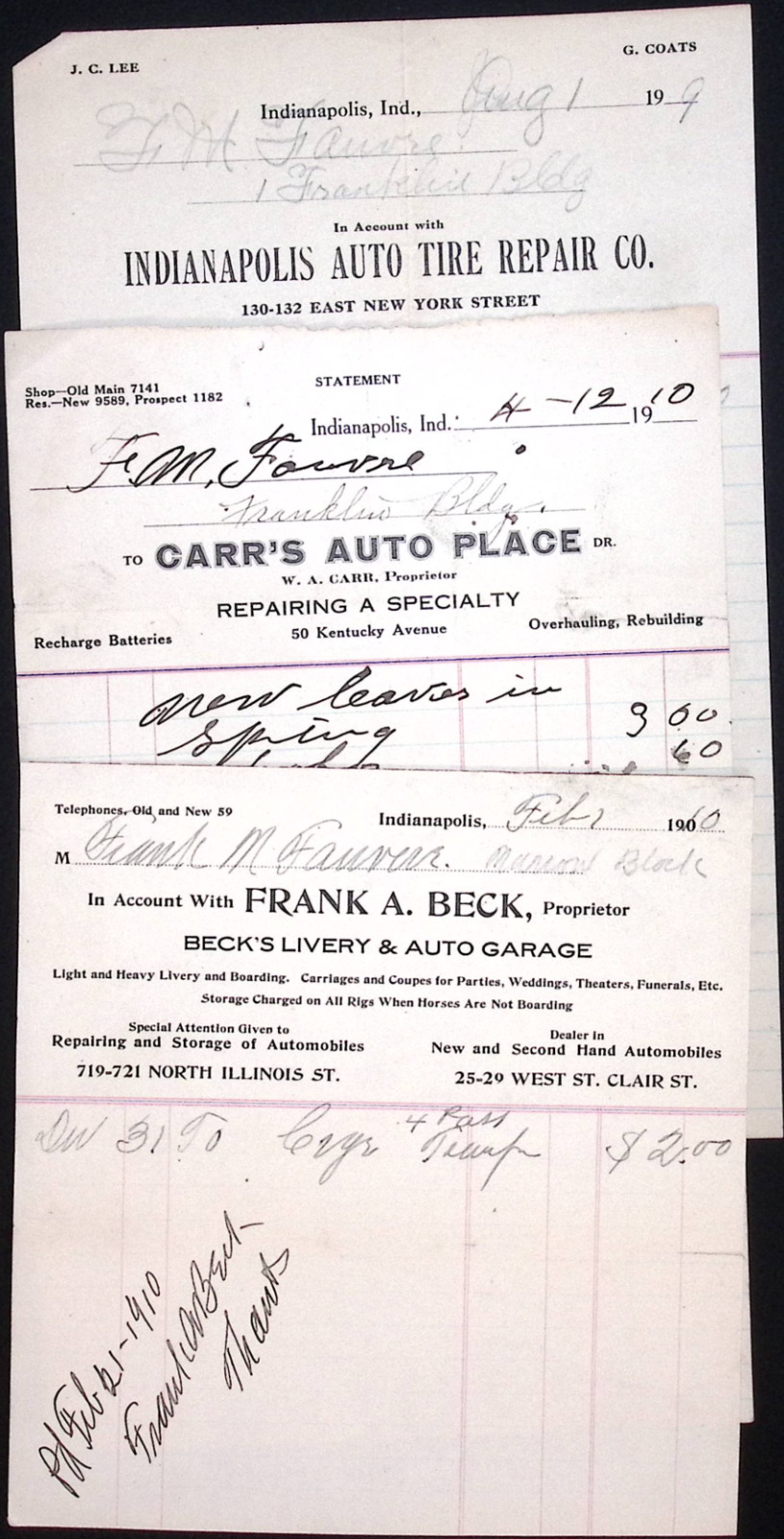 1909 1910 Auto Garage Tire Repair Livery BILLHEADS LOT O 3 INDIANAPOLIS IN AC204