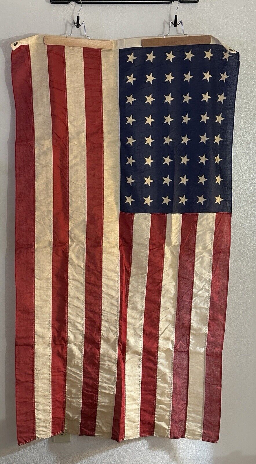 VINTAGE AMERICA FLAG VALLEY FORGE DISTRESSED FLAG CO 50 STAR USA MADE 60” x 34”.