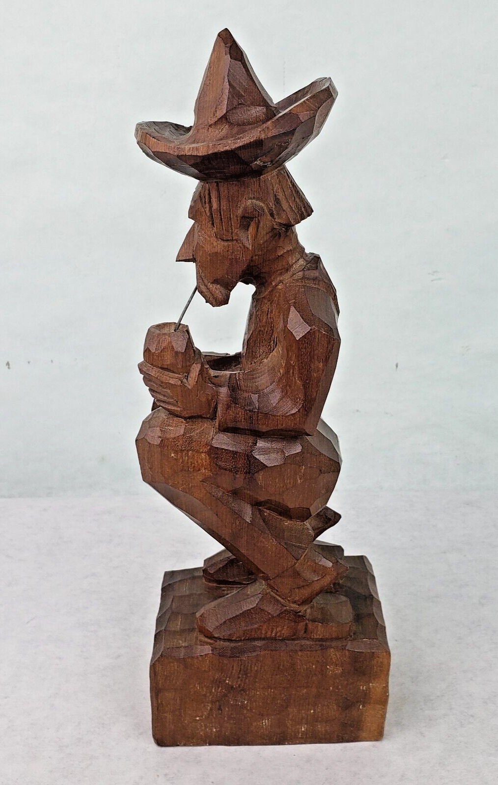 Vintage Curitiba Brasil Hand Carved Wooden Man Smoking Pipe Statue 10\