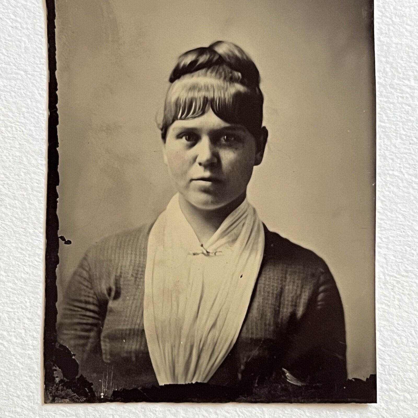 Antique Tintype Photograph Beautiful Young Captivating Woman Unique Bangs
