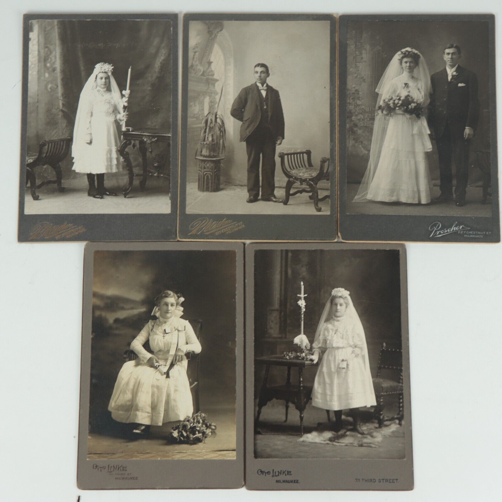 Five (5) Antique 1900s Portrait Cabinet Photographs Prescher Linke Milwaukee WI