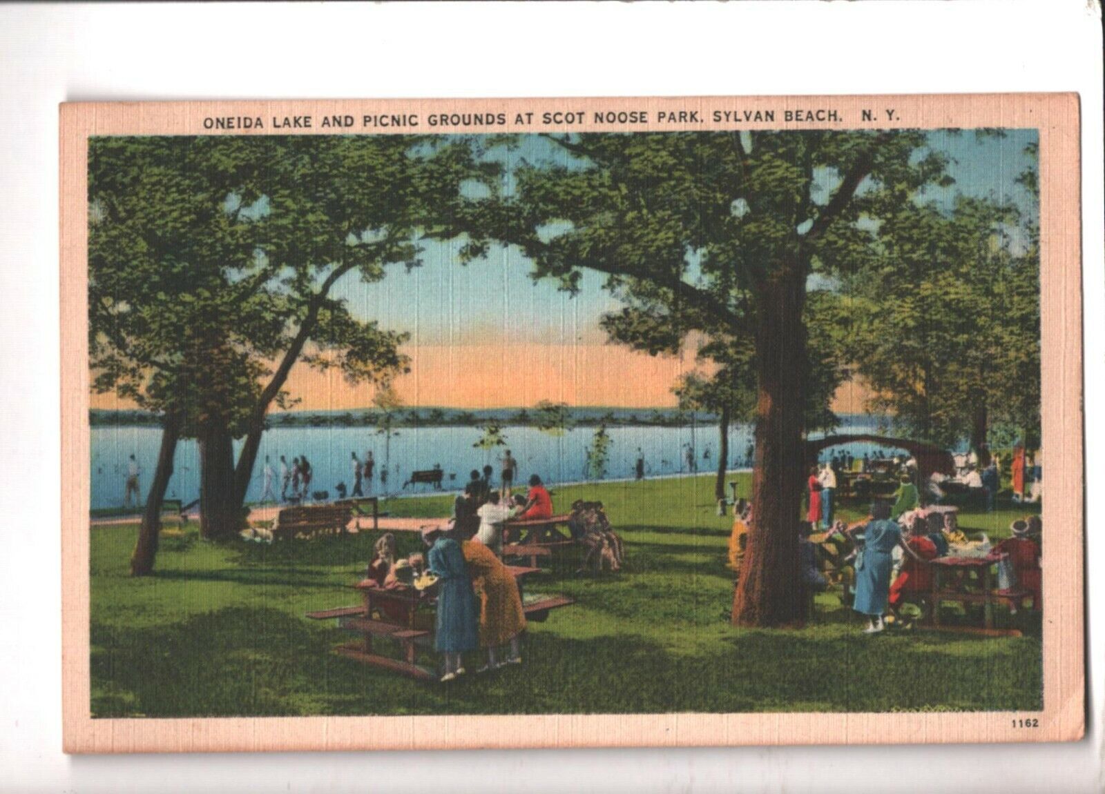 c1940 Linen Postcard Sylvan Beach NY New York Oneida Lake Picnic Scot Noose Park