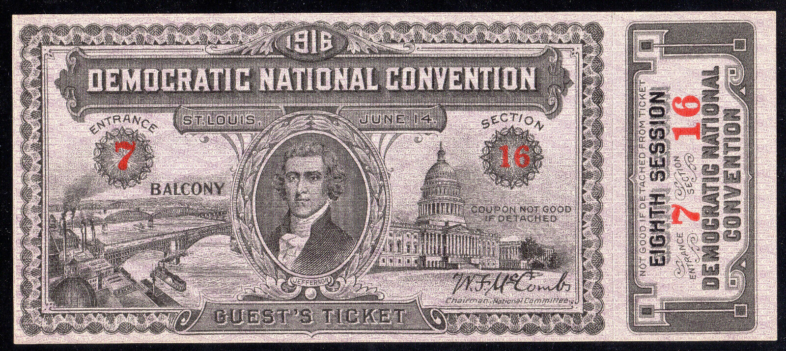 1916 Democratic National Convention Ticket w/ Stub, Woodrow Wilson Unc Fresh