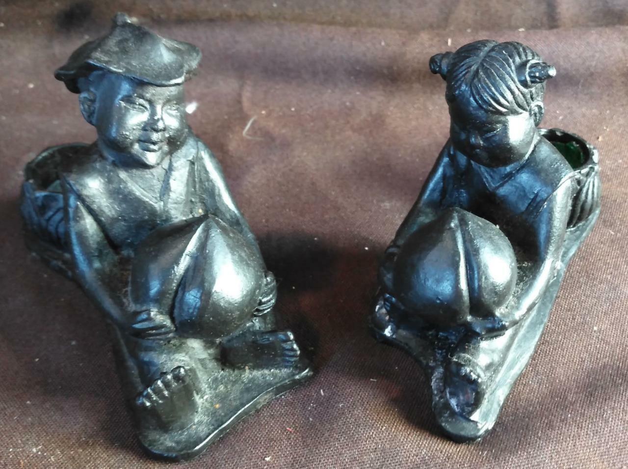 Pair of Two Cast Metal Candlesticks Pair Set Chinese Children Kids China Figures