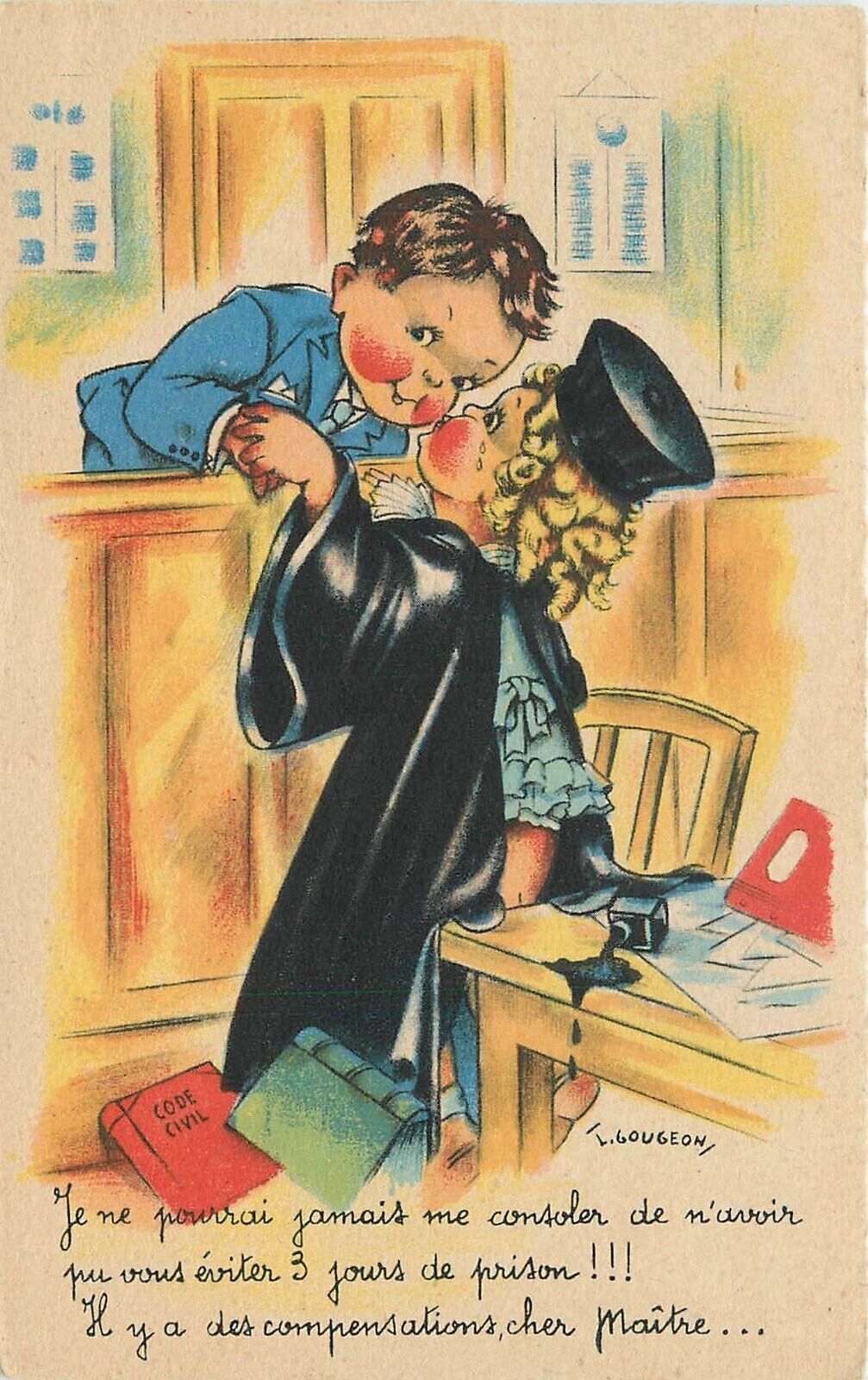 Postcard 1930s Children Court clerk kisses judge comic humor 23-12439