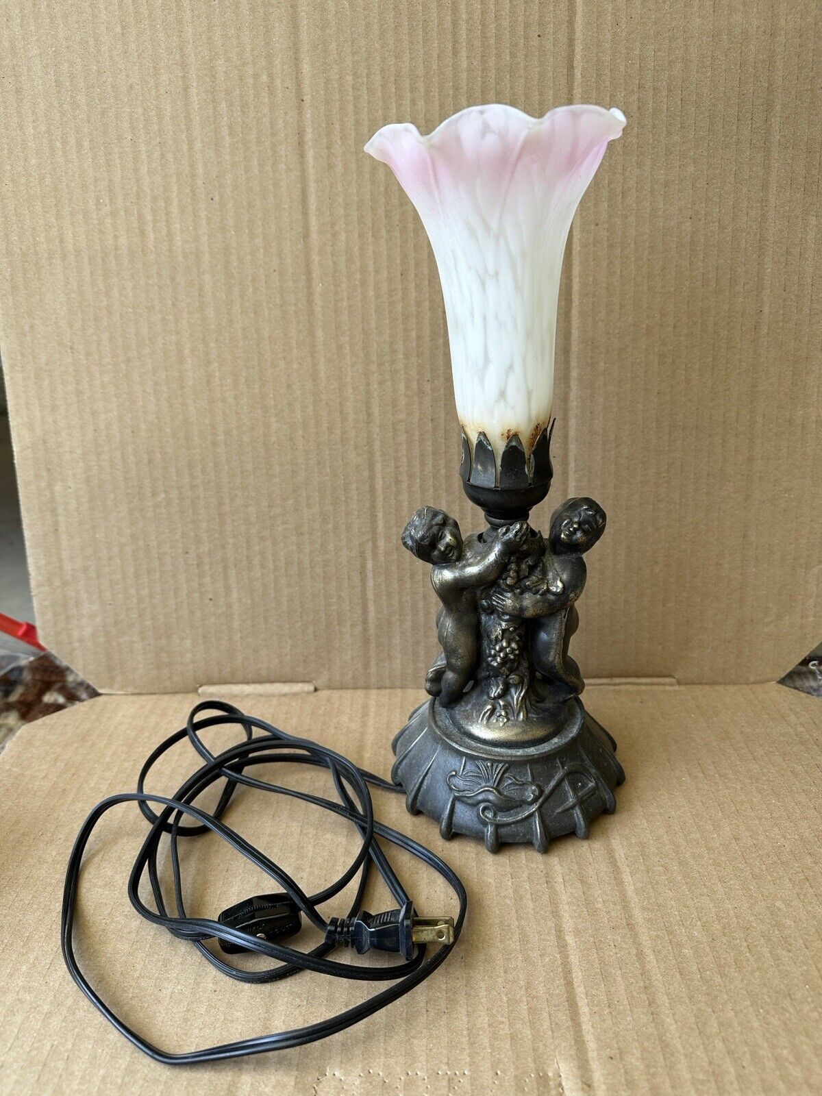 Vintage Antique Floral Mini Bronze Cherub Lamp