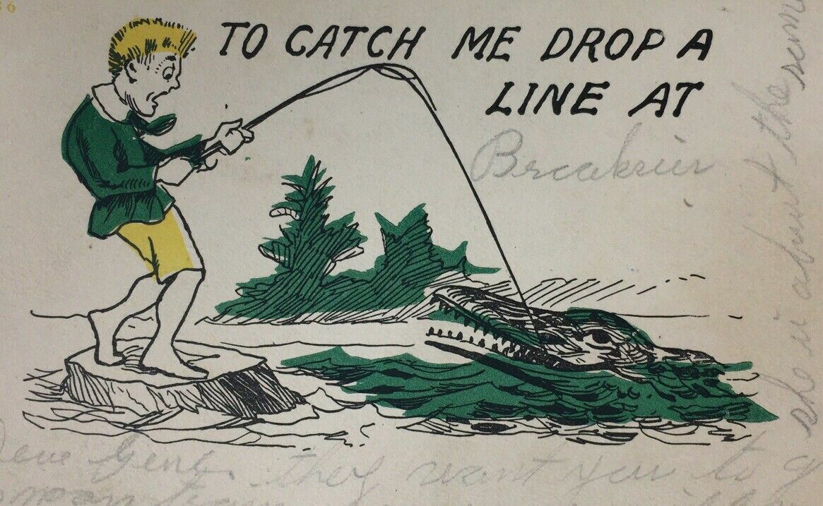 c. 1905 Man Fishing Catches Alligator or Crocodile Postcard Comedy Comic