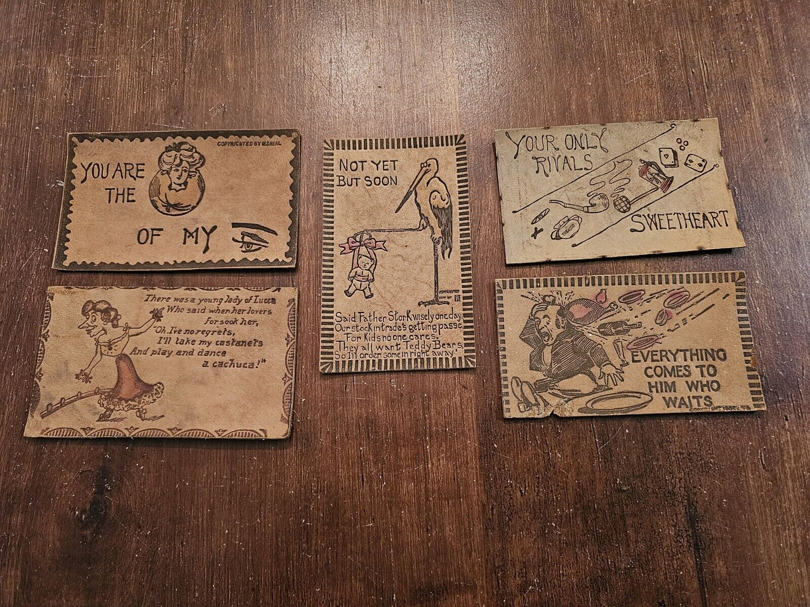Vintage Leather Postcard Lot Of 5 Novelty  Unposted Early 1900\'s W.S. Neal Humor