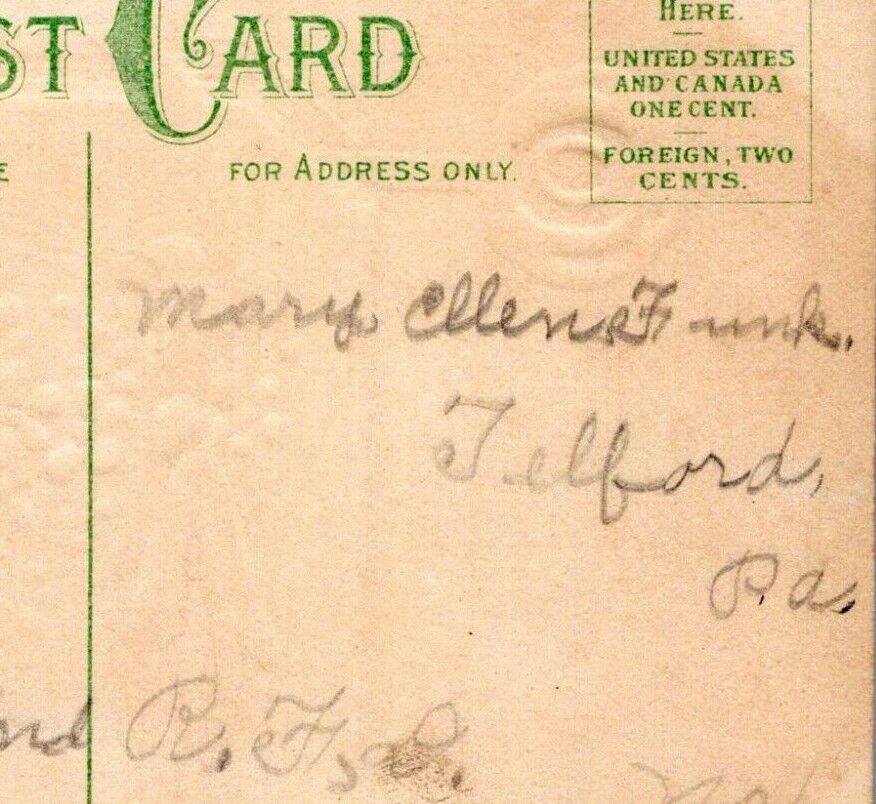 Telford Pennsylvania MARY ELLEN FUNK Postcard from Irene Dain 1907 QP
