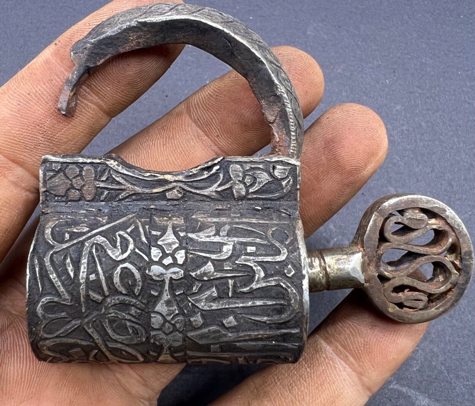 Authentic Rare Old Genuine Islamic Era Safavid Period Iron Pad Locked With Engra