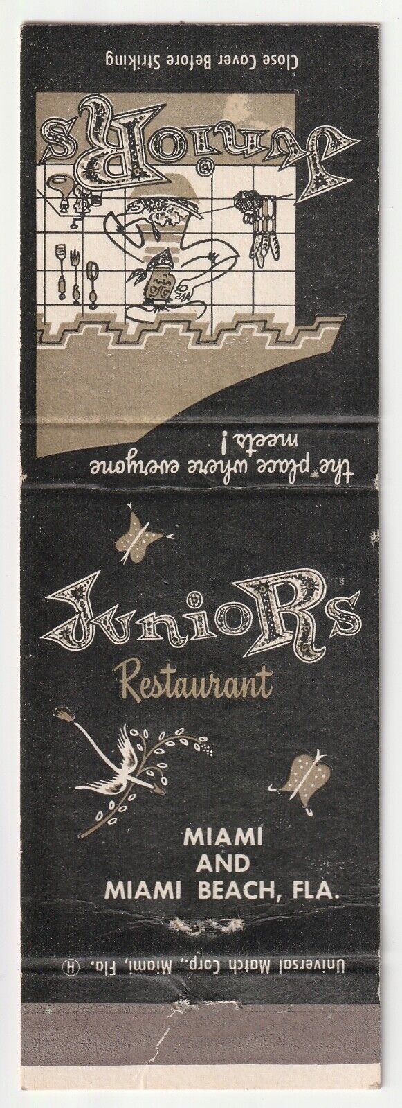 c1960s-70s~Miami Beach Florida FL~Juniors Restaurant~VIntage~Matchbook Cover
