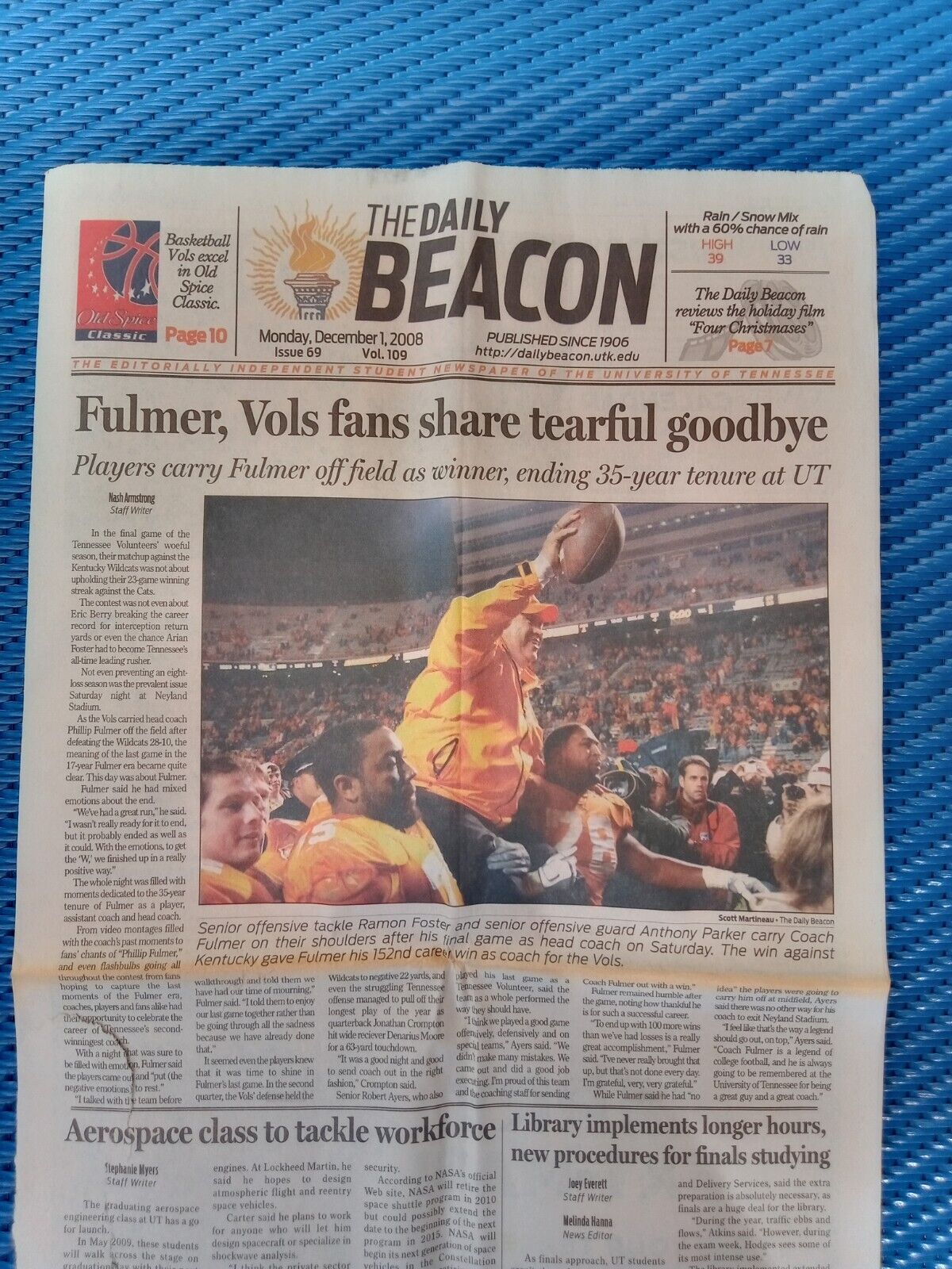 University Of Tennessee PHILLIP FULMER LAST GAME Daily Beacon NEWSPAPER 12/01/08