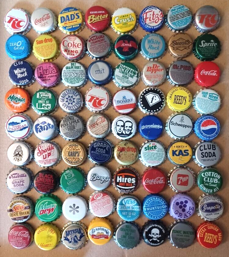 72 different SODA BOTTLE CAPS - DOMESTIC /  PLASTIC BACKED - sd17
