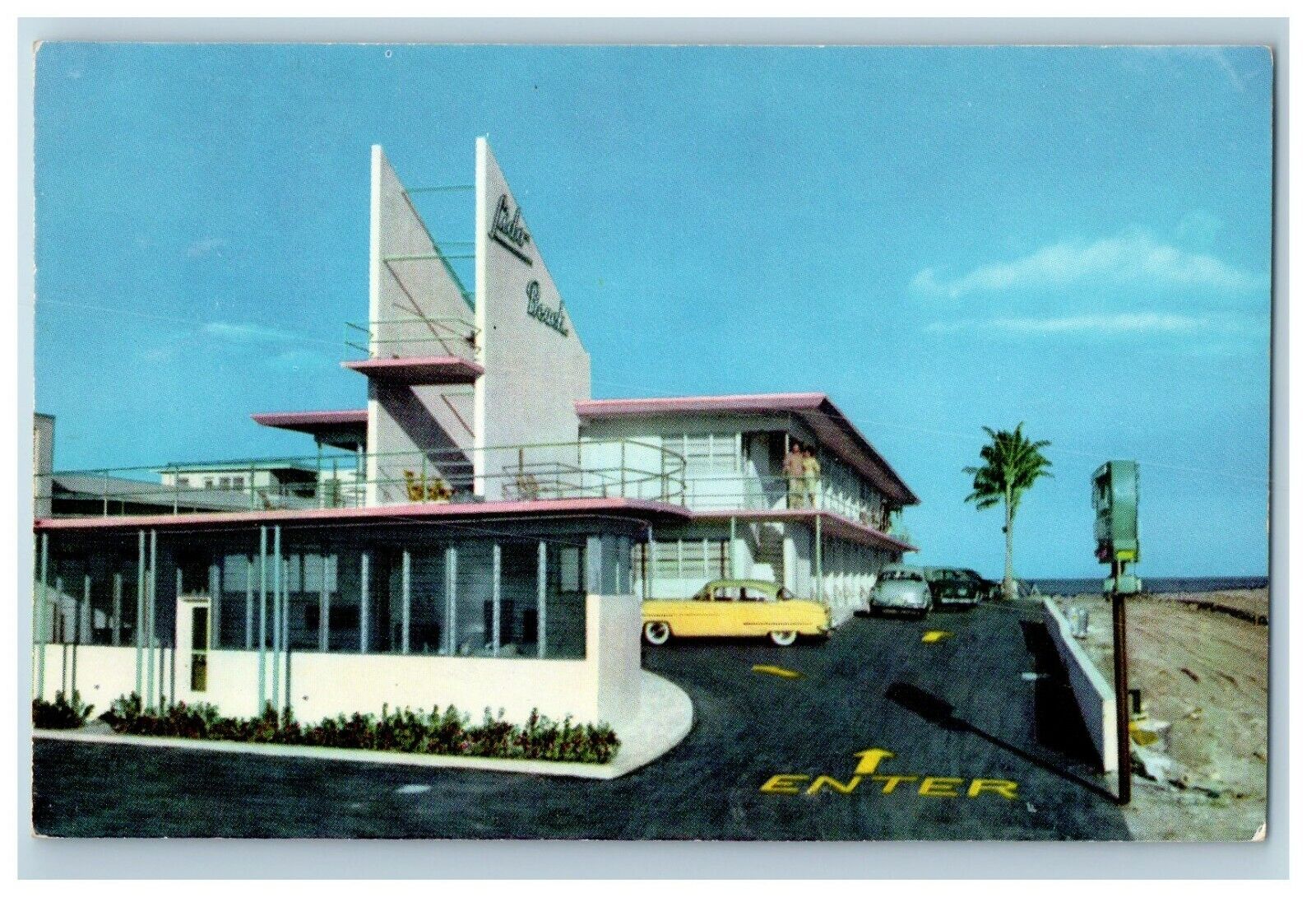 c1950\'s Entrance To Lido Beach Motel Cars Miami Beach Florida FL Postcard