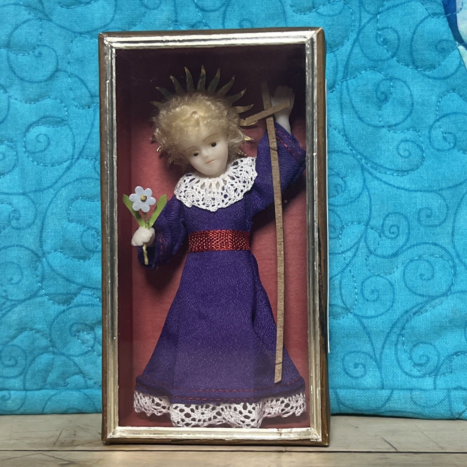 Vintage Our Lady of Loretto Figurine Hand Made in Shadow Box Miniature Small Mar