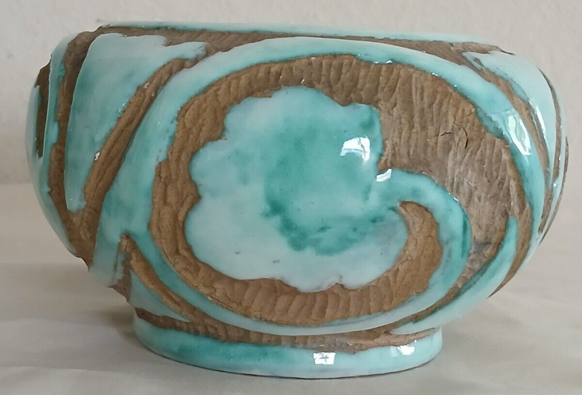 Sgraffito Italian Turquoise & Textured Clay Bowl Vase Planter 4.5\