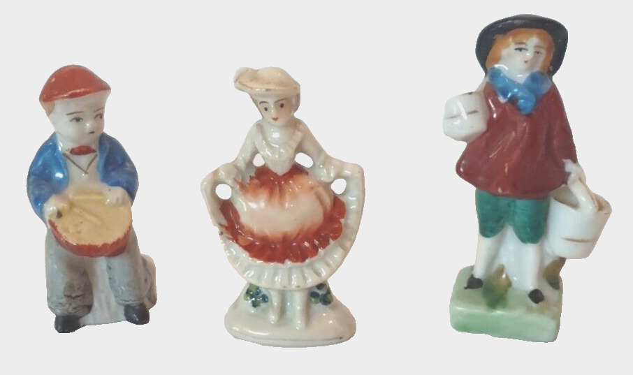 Vtg Miniature Occupied Japan Figurine Set of  3 Trio Colonial Lady Drummer Boy