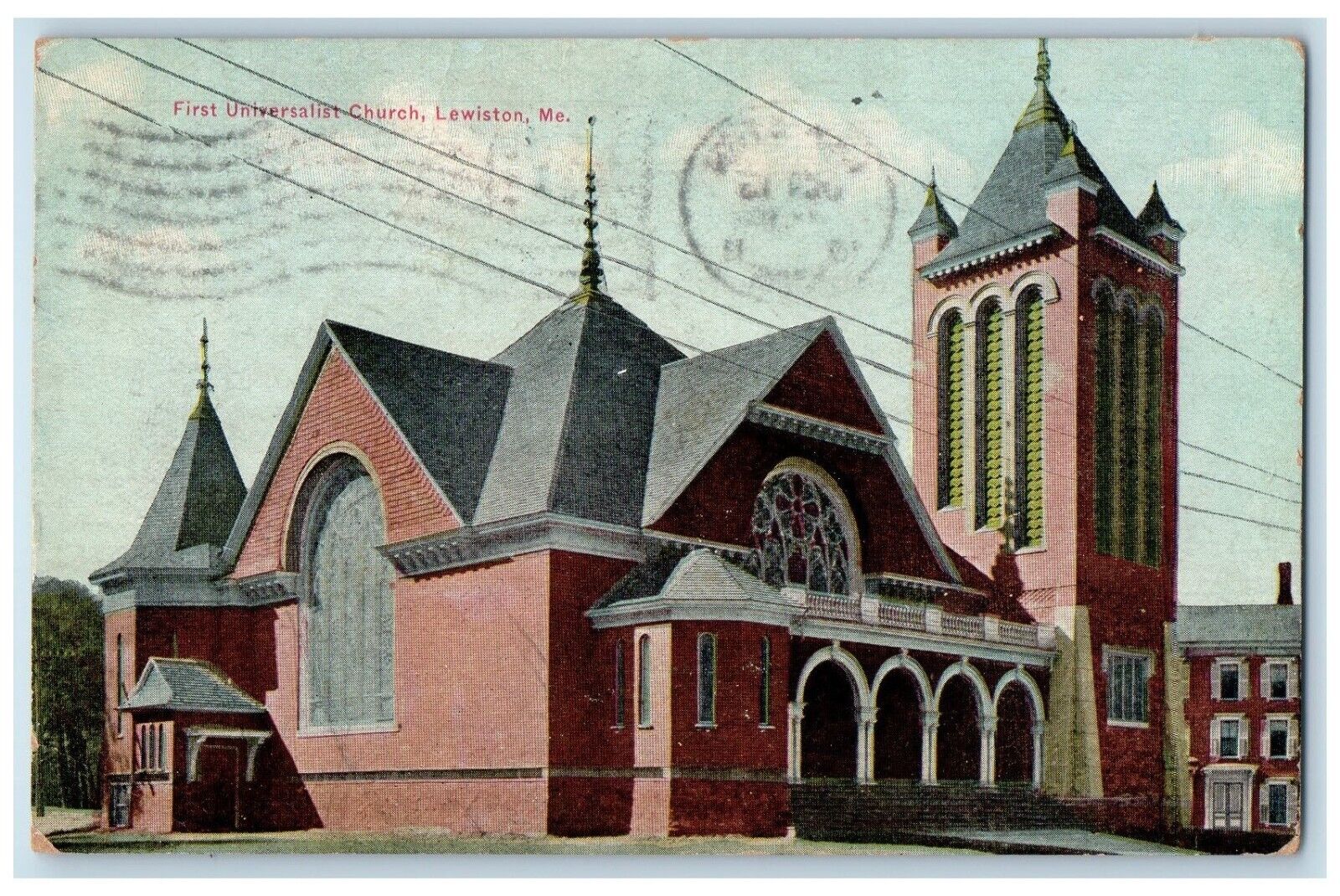 1911 First Universalist Church Street View Lewiston Maine ME Antique Postcard